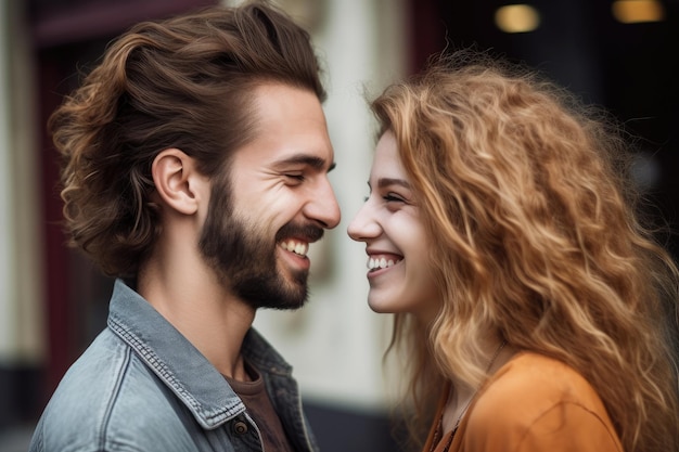 Portret van een gelukkig jong stel dat naar elkaar glimlacht, gemaakt met generatieve ai