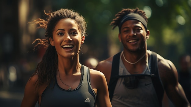 Portret van een gelukkig jong stel in sportkleding die naar de camera glimlacht terwijl ze door de stad rennen - generatieve ai