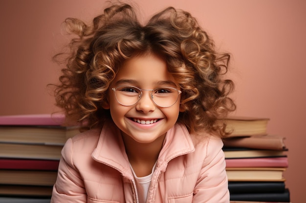 Portret van een gelukkig kindmeisje met glazen die op een stapel boeken zitten en boeken lezen