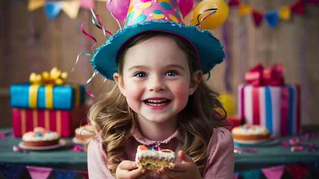 Portret van een gelukkig klein meisje in een verjaardagshoed