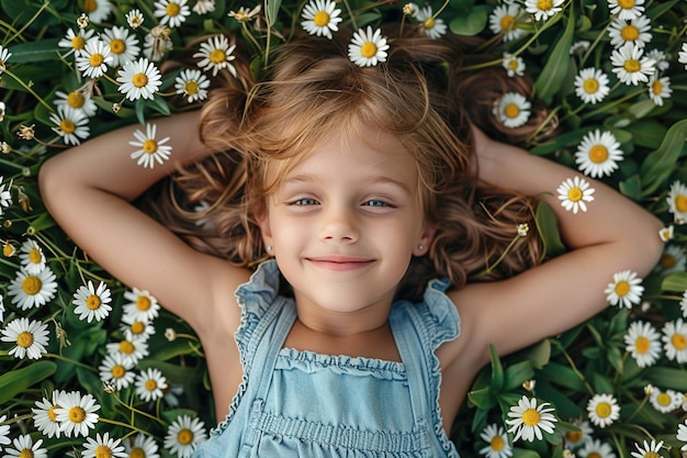 portret van een gelukkig klein meisje in het veld dat op het gras ligt tussen daisy bloemen top view