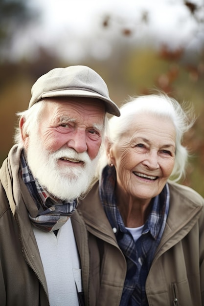 Portret van een gelukkig oudere echtpaar dat van een dag buiten geniet