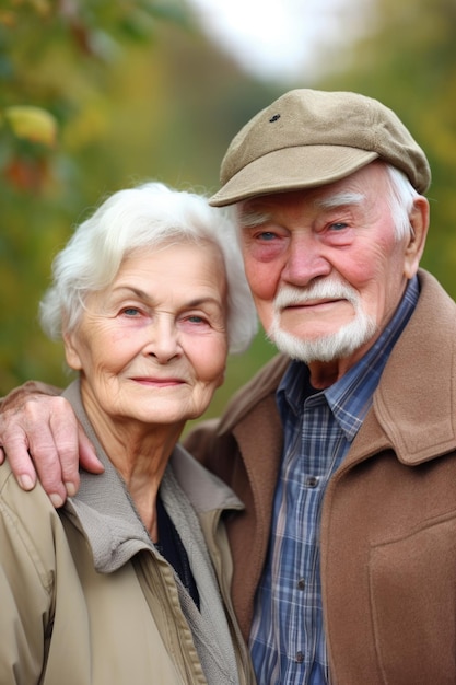 Portret van een gelukkig oudere echtpaar dat van een dag buiten geniet