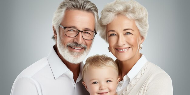 Portret van een gelukkig oudere echtpaar met hun kleinkind op een witte achtergrond