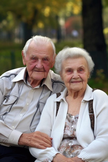 Portret van een gelukkig ouderenpaar dat samen buiten zit, gemaakt met generatieve AI