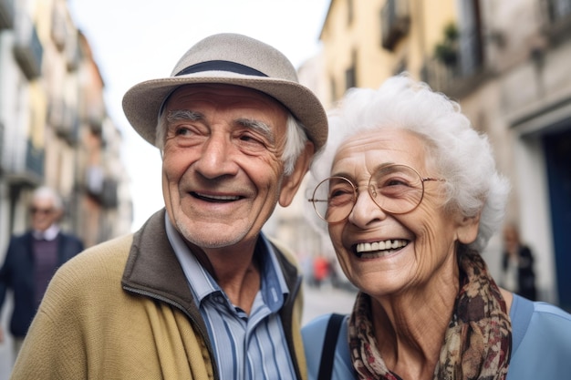 Portret van een gelukkig ouderenpaar tijdens een rondleiding door de stad gemaakt met generatieve AI