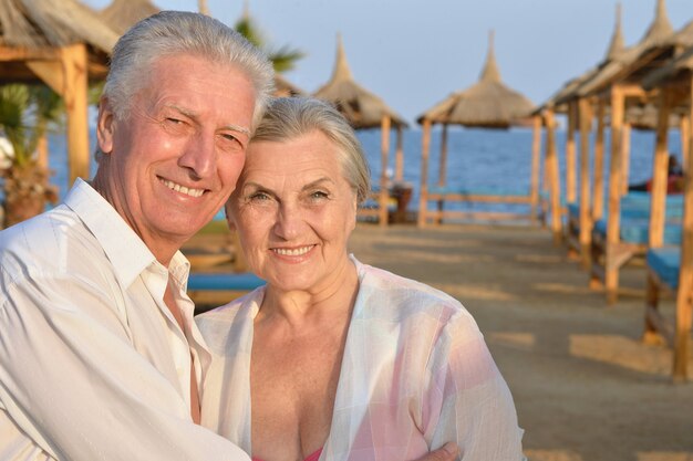 Portret van een gelukkig schattig senior koppel op zee