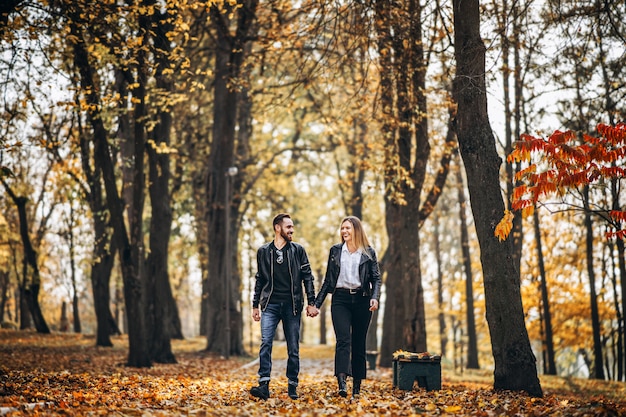 Portret van een gelukkig verliefd paar wandelen buiten in de herfst park. Man en vrouw hand in hand en smilling