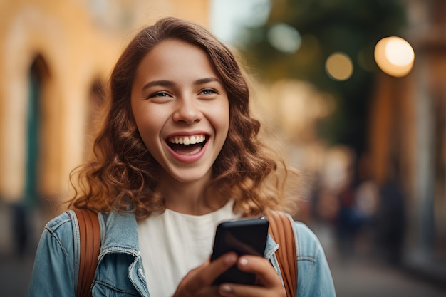 Portret van een gelukkig verrast jong studentenmeisje met een smartphone in haar hand Menselijke emoties reactie uitdrukking