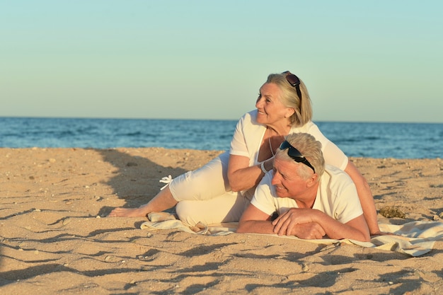 Portret van een gelukkig volwassen stel op het strand