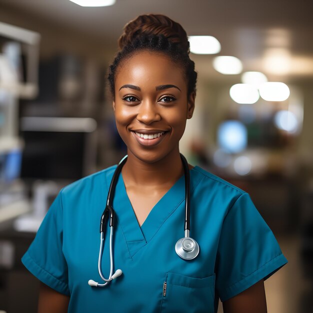 Portret van een gelukkige Afrikaanse verpleegster in haar uniform Generatieve AI