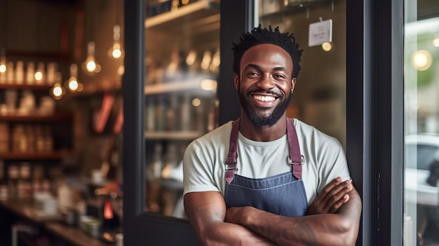 Portret van een gelukkige Afro-Amerikaanse jonge man die bij de deur van zijn winkel staat