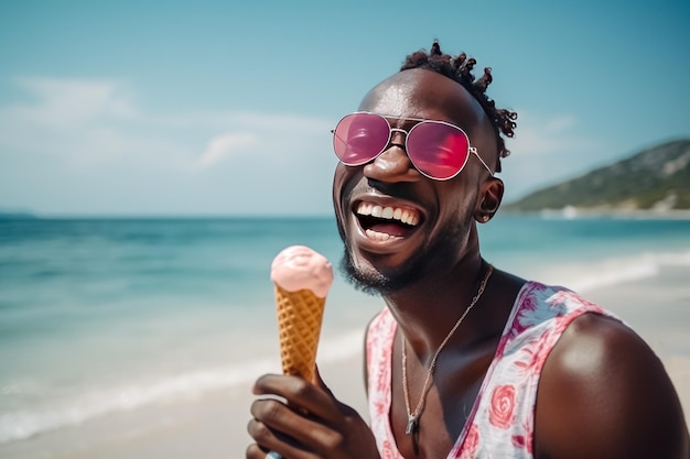 Portret van een gelukkige Afro-Amerikaanse man die ijs op het strand eet