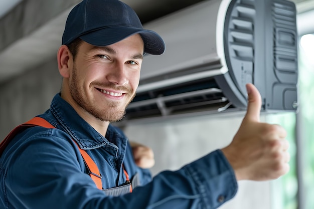 Portret van een gelukkige airconditionermonteur die duimen omhoog laat zien met kopieerruimte Generatieve AI