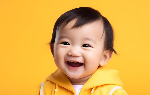Portret van een gelukkige Aziatische baby in gekleurde kleding op een gekleurde achtergrond