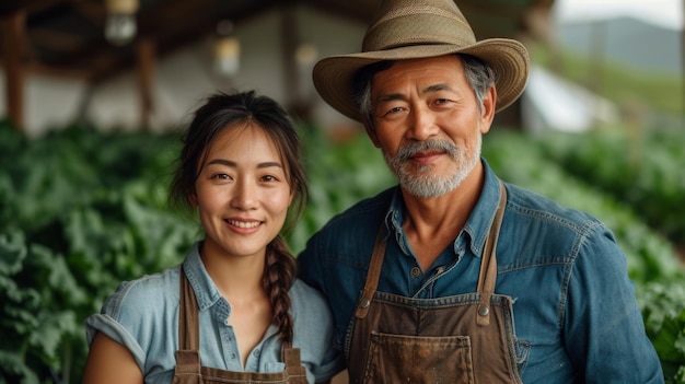 Portret van een gelukkige Aziatische boer en zijn dochter in de tuin Generatieve AI