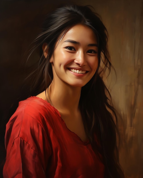 Portret van een gelukkige Aziatische dame met een aangename glimlach op het gezicht
