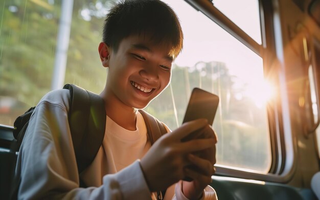 Portret van een gelukkige Aziatische jonge college jongen chatten in de telefoon in de bus bij het raam met een grote kopie ruimte Generatieve AI