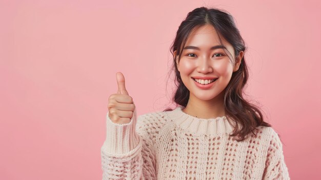 Portret van een gelukkige Aziatische vrouw die de duim omhoog toont en naar de camera kijkt op een roze achtergrond