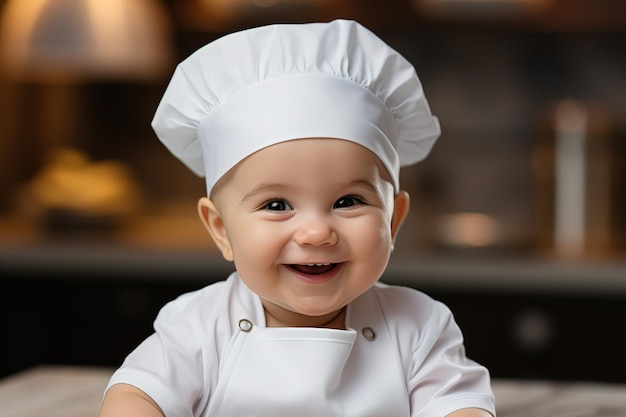 portret van een gelukkige baby in een witte chef-kokkenhoed die in de keuken kookt op een wazige achtergrond