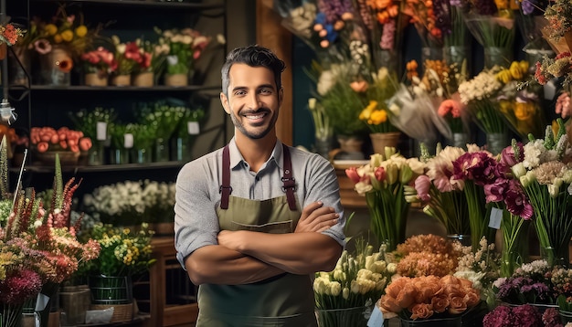 Portret van een gelukkige bloemist in een bloemenwinkel