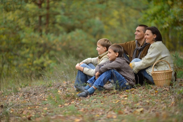 Portret van een gelukkige glimlachende familie in de herfstboszitting