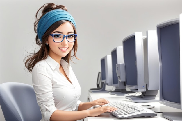 Portret van een gelukkige glimlachende jonge zakenvrouw met een bril die op kantoor een computer gebruikt