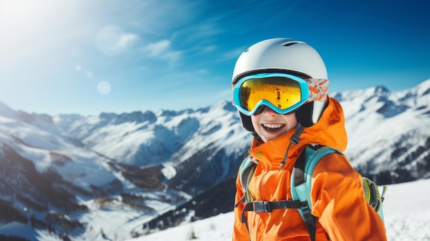 Portret van een gelukkige glimlachende kind snowboarder tegen de achtergrond van besneeuwde bergen op een ski