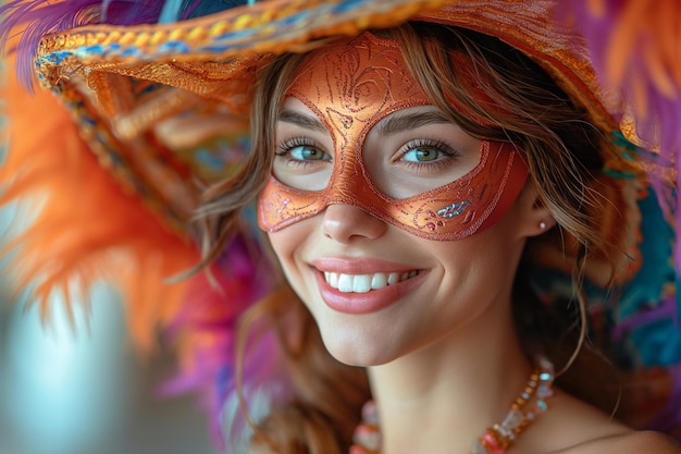 portret van een gelukkige glimlachende vrouw in een heldere carnaval Venetiaanse masker op witte achtergrond