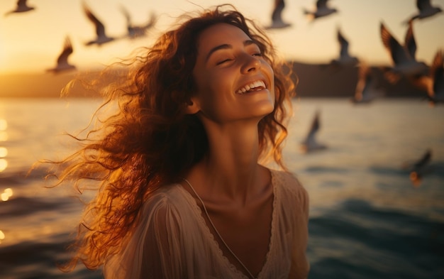 Portret van een gelukkige glimlachende vrouw met een mooie achtergrond AI