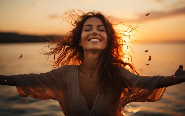 Foto portret van een gelukkige glimlachende vrouw met een mooie achtergrond ai