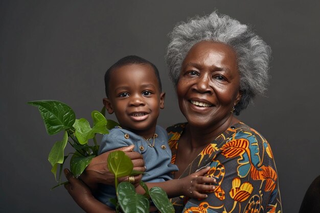 Foto portret van een gelukkige, grijsharige grootmoeder met haar kleinkinderen.