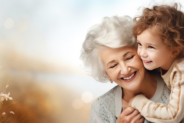 Portret van een gelukkige grootmoeder die met haar kleinzoon speelt