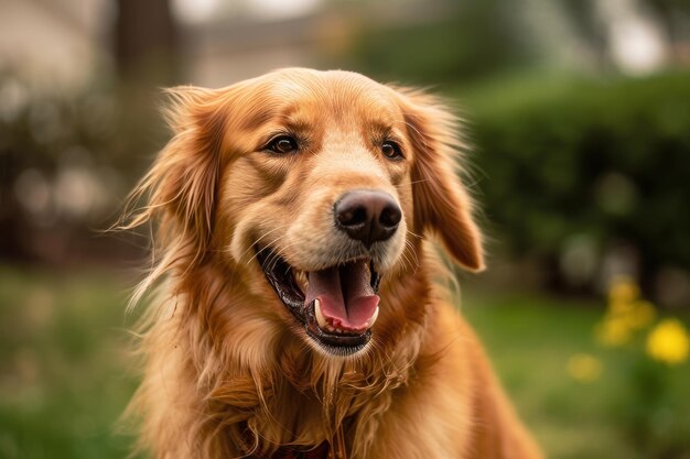 Portret van een gelukkige hond in de tuin