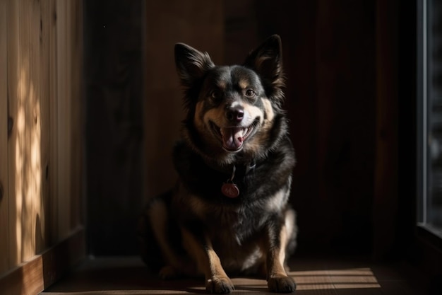 Portret van een gelukkige hond met hangende tong zittend op een houten vloer gemaakt met generatieve ai