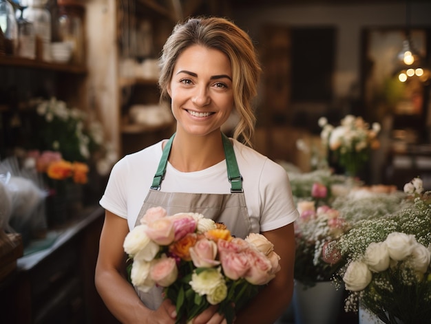 Portret van een gelukkige jonge bloemhandelaar die in haar bloemenwinkel staat
