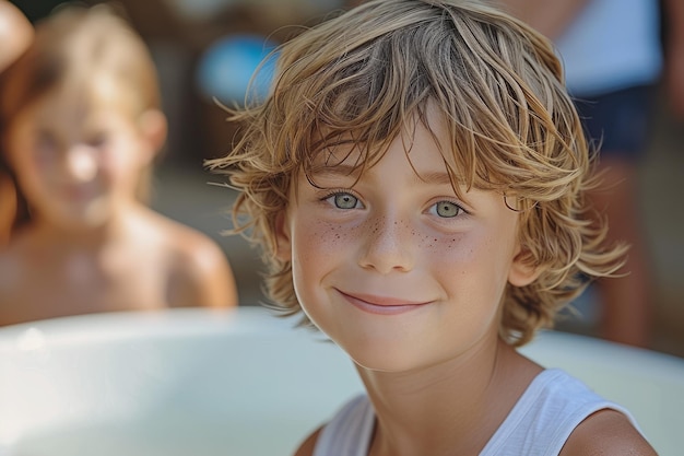 Portret van een gelukkige jonge jongen met groene ogen en sproeten