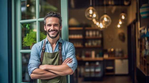 Portret van een gelukkige jonge man die bij de deur van zijn winkel staat