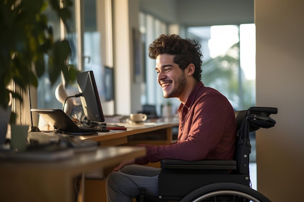 Portret van een gelukkige jonge man in een rolstoel die thuis aan de computer werkt