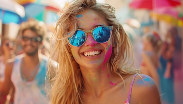 Portret van een gelukkige jonge vrouw bedekt met kleurpoeder die het Holi-festival viert