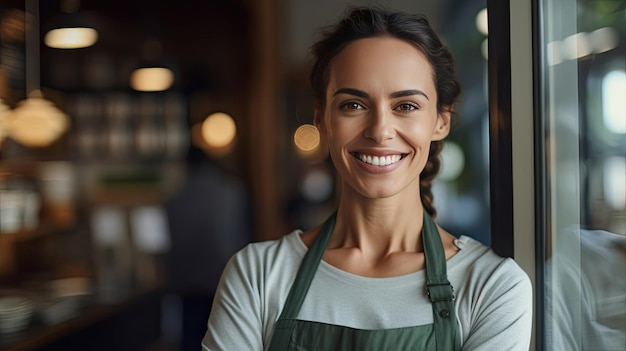 Portret van een gelukkige jonge vrouw die bij de deuropening van haar winkel staat Vrolijke volwassen serveerster die op klanten wacht in de koffieshop Eigenaar van een klein bedrijf Generatieve Ai