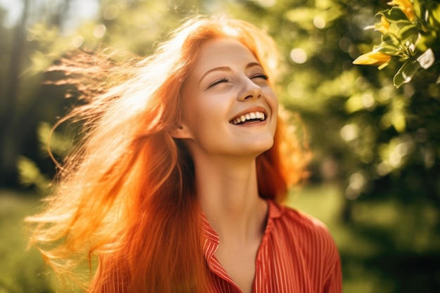 Foto portret van een gelukkige jonge vrouw die geniet van de frisse lucht en zonneschijn gecreëerd met generatieve ai