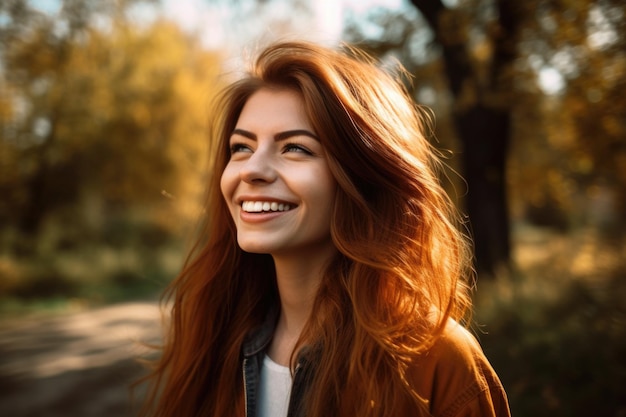 Portret van een gelukkige jonge vrouw die geniet van een dag buiten gemaakt met generatieve AI