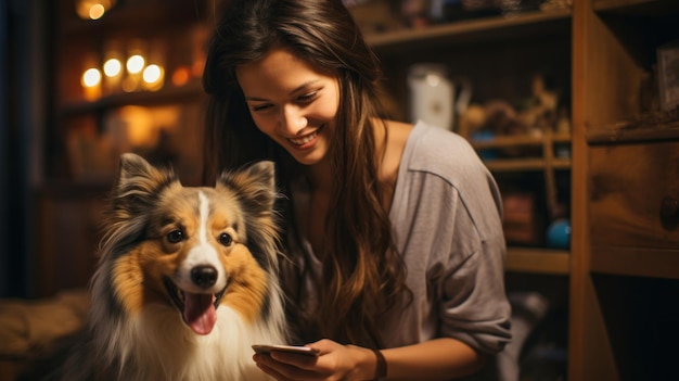 Portret van een gelukkige jonge vrouw die thuis met haar hond speelt