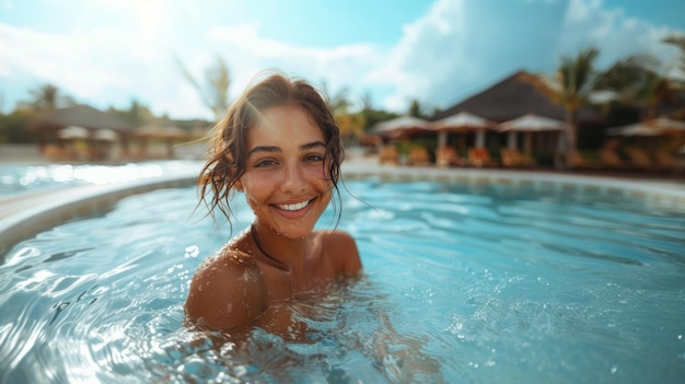 Portret van een gelukkige jonge vrouw in een luxe zwembad in de zomer