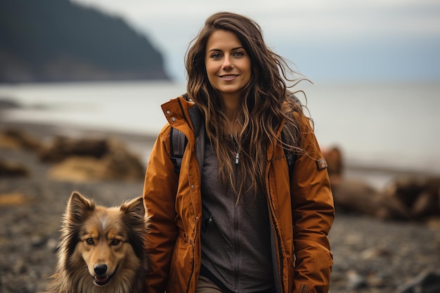 Portret van een gelukkige jonge vrouw met haar hond op een strand
