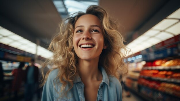 Foto portret van een gelukkige jonge vrouw met krullend blond haar die glimlacht in een supermarkt