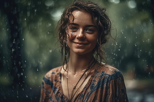 Portret van een gelukkige jonge vrouw met nat haar onder de regen