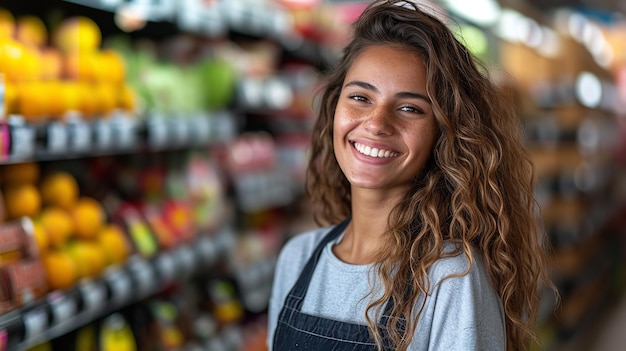 Portret van een gelukkige jonge vrouwelijke werknemer in de supermarkt fruit sectie met een grote kopie ruimte Generatieve AI