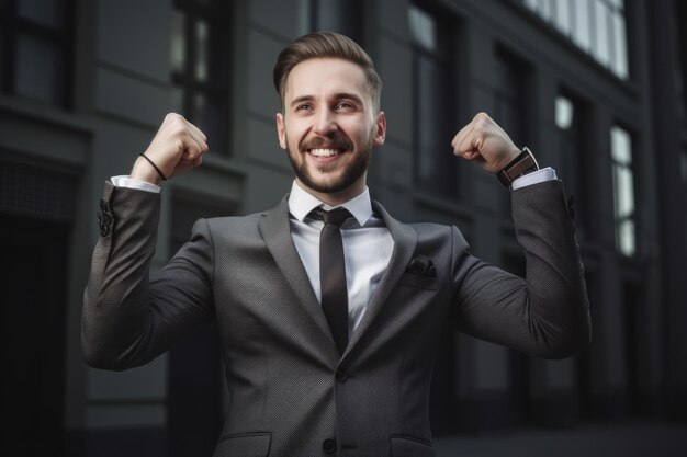 Portret van een gelukkige jonge zakenman die succes viert Succesvolle zakenman Generatieve AI